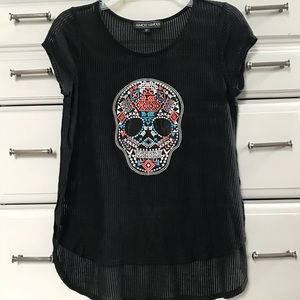 Almost Famous Sugar Skull Black Embroidered Top